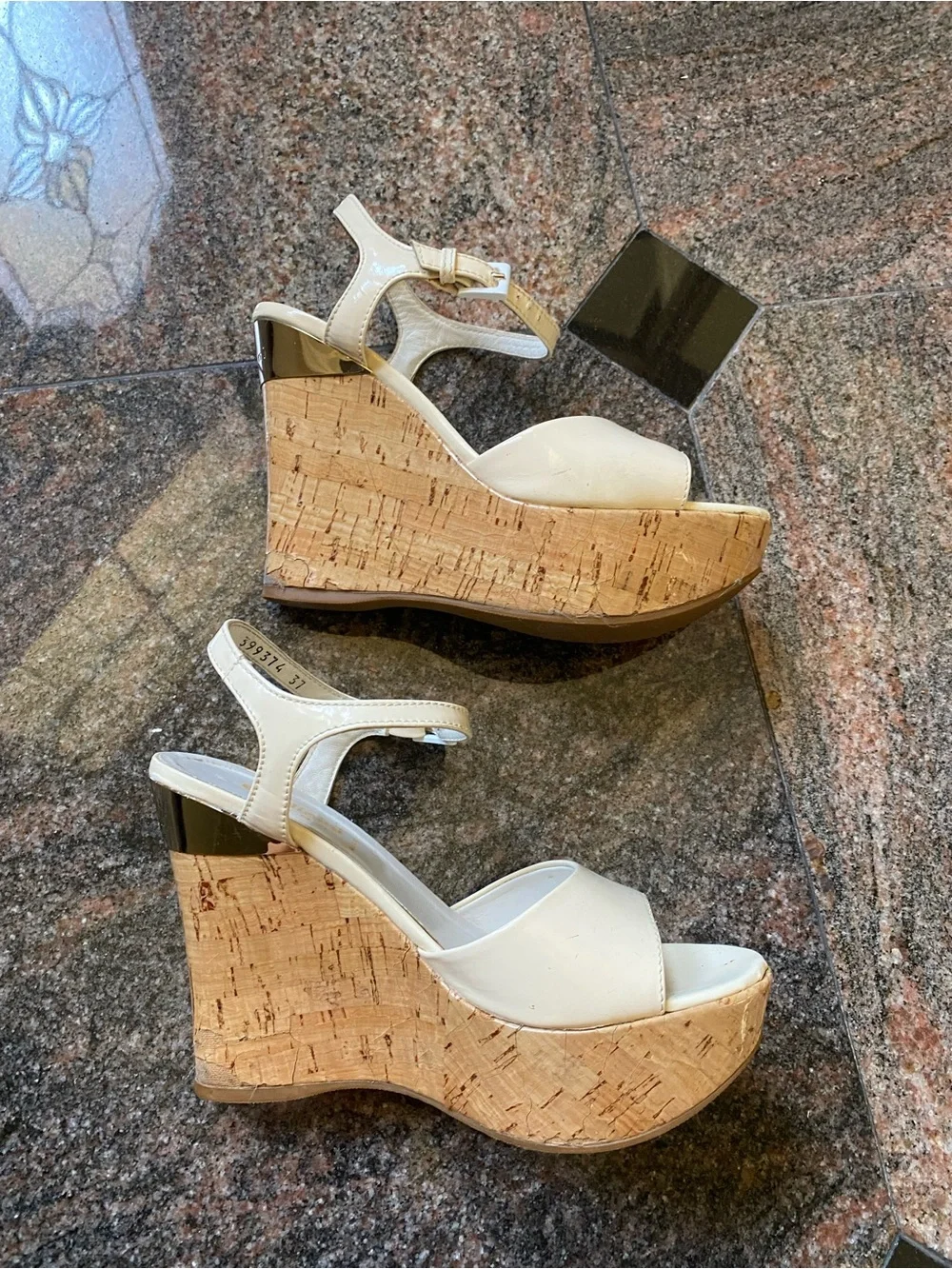 Baldinini Cream Patent Platform Sandals with Cork Platform
